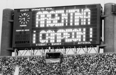 Scoreboard announcing Argentina’s win in the World Cup, Buenos Aires, 1978.