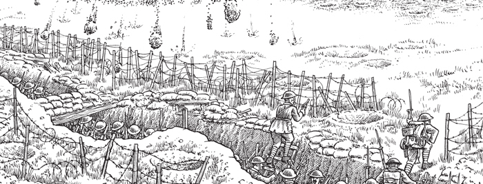 Joe Sacco, The Great War: July 1, 1916: The First Day of the Battle of the Somme (detail from plate 11), 2013.