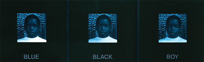 Carrie Mae Weems, Blue Black Boy, 1987, toned gelatin silver prints with text on mat, 17 × 49".