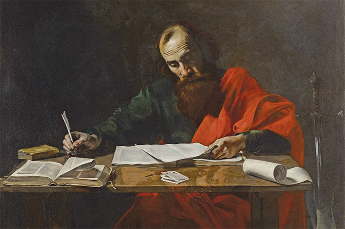 Saint Paul Writing His Epistles, ca. 1618–20, oil on canvas, 39 1/8 × 52 3/8". Attributed to Valentin de Boulogne.