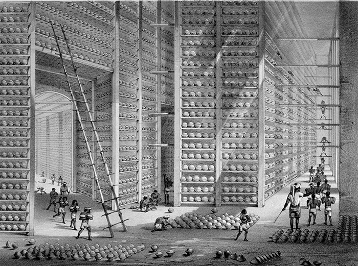 A stacking room at an opium factory in Patna, India, ca. 1850.
