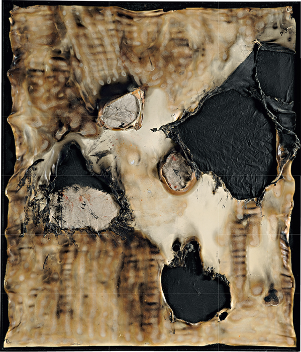 Alberto Burri, Combustione plastica (Plastic Combustion), 1958, PVC plastic, acrylic, fabric, staples, and combustion on canvas, 38 5/8 × 33 1/8".