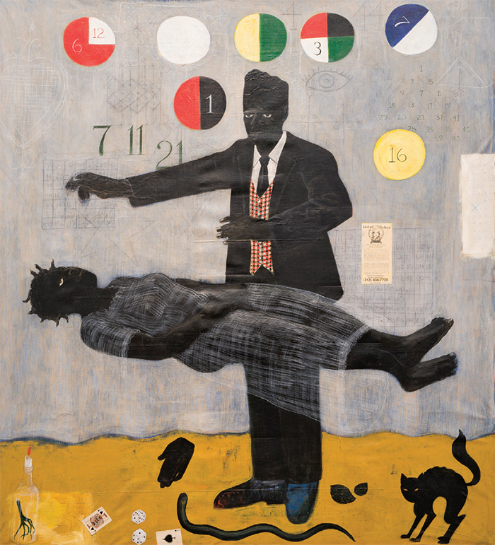 Kerry James Marshall, When Frustration Threatens Desire, 1990, acrylic and collage on canvas, 80 × 72". Nathan Keay, © MCA Chicago, courtesy April Sheldon and John Casado.