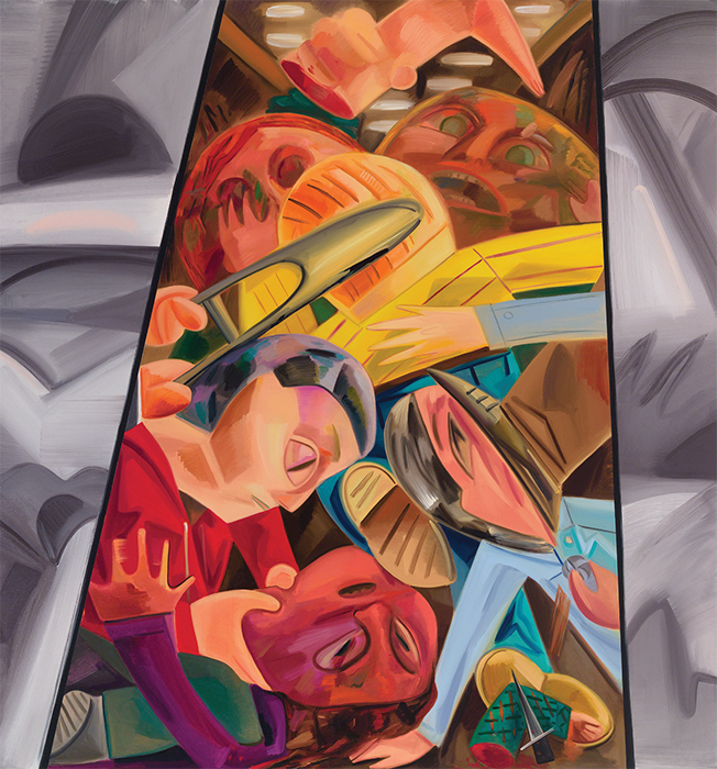 Dana Schutz, Fight in an Elevator 2, 2015, oil on canvas, 96 × 90". Courtesy the artist and Petzel, New York