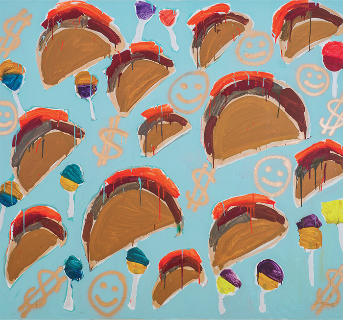 Katherine Bernhardt, Tacos + Money, 2013, acrylic and spray paint on canvas, 75 × 84". Courtesy CANADA Gallery.