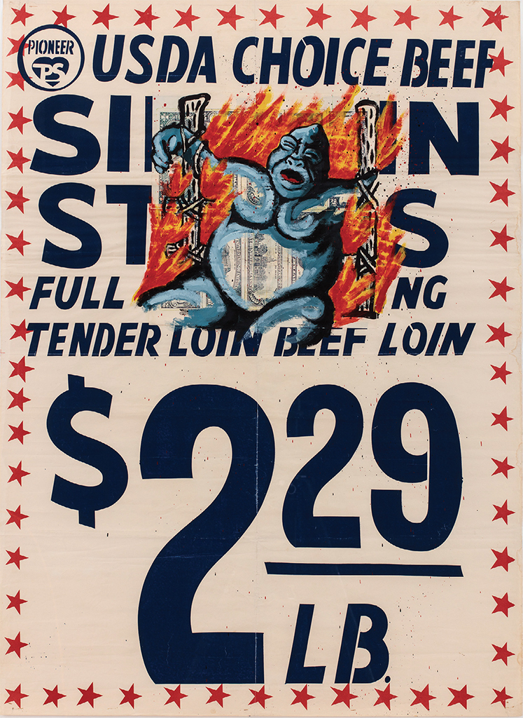 David Wojnarowicz, USDA Choice Beef, 1985, acrylic on found poster, 42 × 31 1/2". From Brand New: Art and Commodity in the 1980s. © The Estate of David Wojnarowicz, courtesy the Estate of David Wojnarowicz