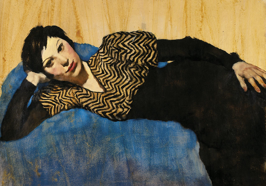 Lotte Laserstein, Girl Lying on Blue, ca. 1931, oil on paper, 27 1⁄8 × 36 5⁄8".