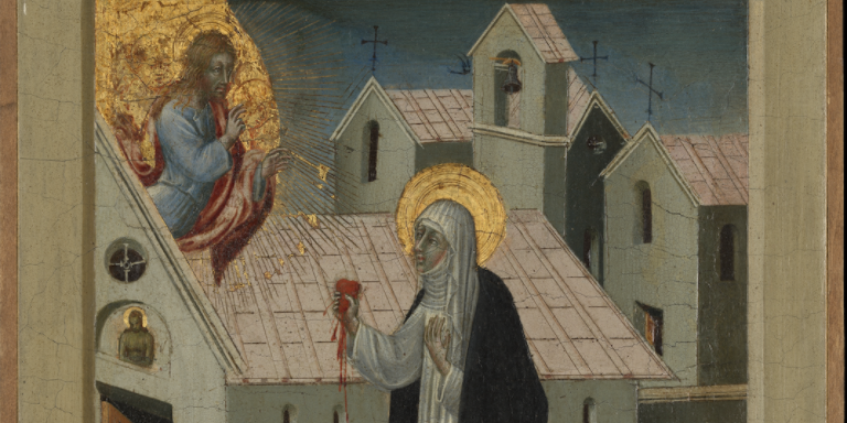 Giovanni di iPaolo, Saint Catherine of Siena Exchanging Her Heart with Christ, tempera and gold on wood, 11 3/4 × 9 1/2''. The Metropolitan Museum of Art