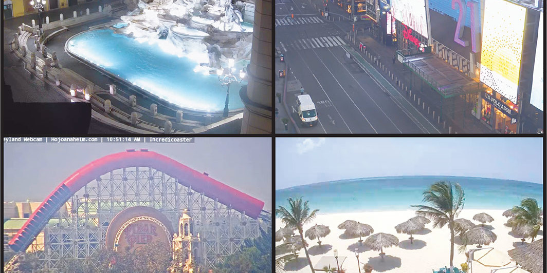 Four screen grabs from EarthCam.com live feeds, April 2020. Clockwise, from top left: Trevi Fountain, Rome; Times Square, New York; Aruba; Disneyland, Anaheim, California. EarthCam.com