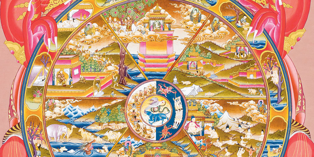 Tulku Lama, Wheel of Life, 2001, gouache and gold leaf on canvas, 27 1⁄8 × 19 3⁄4". Thangka Mandala Buddhist Art Gallery