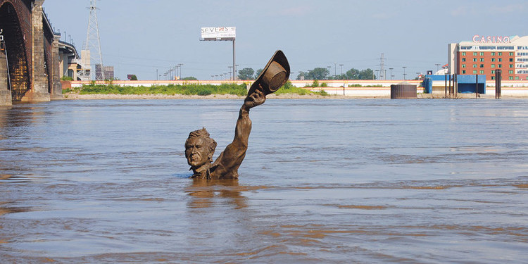 Flooded Lewis and Clark statue, St. Louis, Missouri, August 5, 2010. Ari Heinze