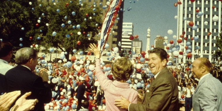 Nancy and Ronald Reagan with Senator Strom Thurmond on the Presidential campaign trail, South Carolina, 1980.