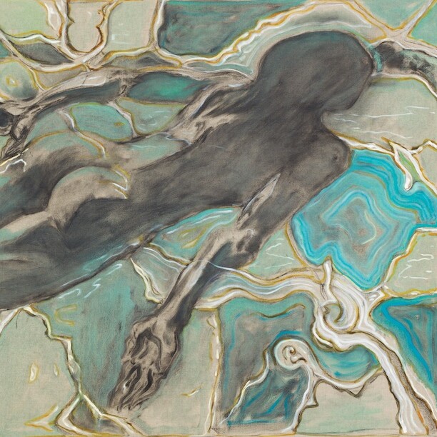 Billy Childish, swimmer under water, 2019, oil and charcoal on linen, 72 × 120". Image: Courtesy of the artist and Lehmann Maupin, New York, Hong Kong, Seoul, and London. Photo: Rikard Osterlund.