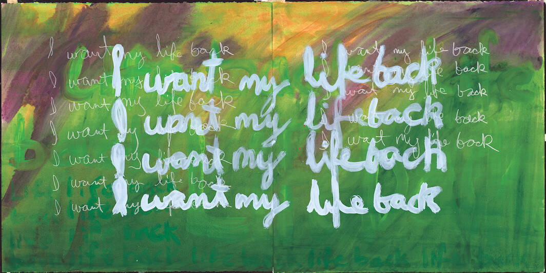 Ed Aulerich-Sugai, I Want My Life Back, 1991, diptych, mixed media on paper, 44 1/4 × 22 1/4". Courtesy of the Ed Auerlich-Sugai Collection and Archive.