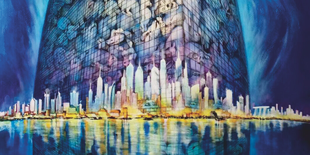 Nin Oozora, The Modern Tower of Babel 2, 2018, acrylic and oil on paper, 35 1/2" × 22 1/2". Rin Oozora (Instagram: rinoozora_art).