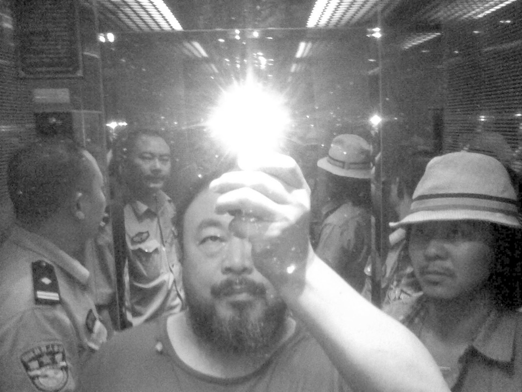 Ai Weiwei in Chengdu's Anyi Hotel elevator, August 12, 2009 (Courtesy of MIT Press)