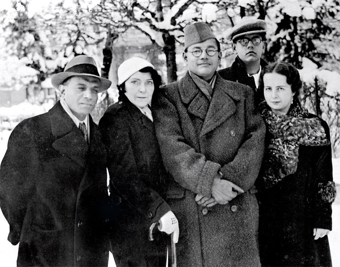Bose (center) with friends and family, including his wife, Emilie (far right), Austria, 1937.