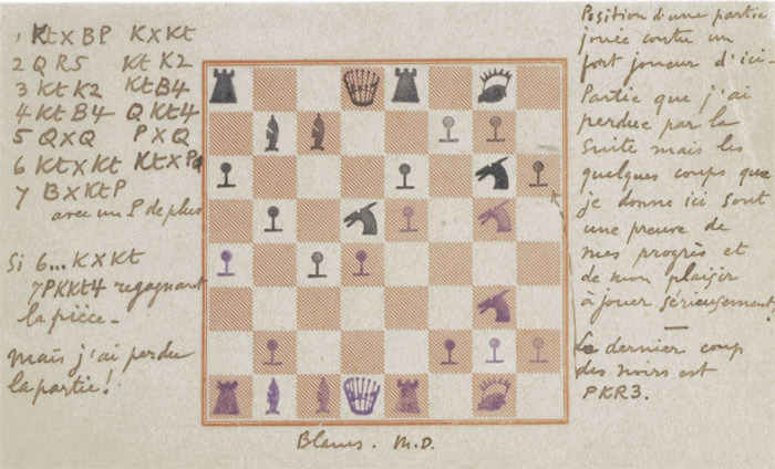 A chess scorecard marked with stamps and annotations by Marcel Duchamp, 1919.