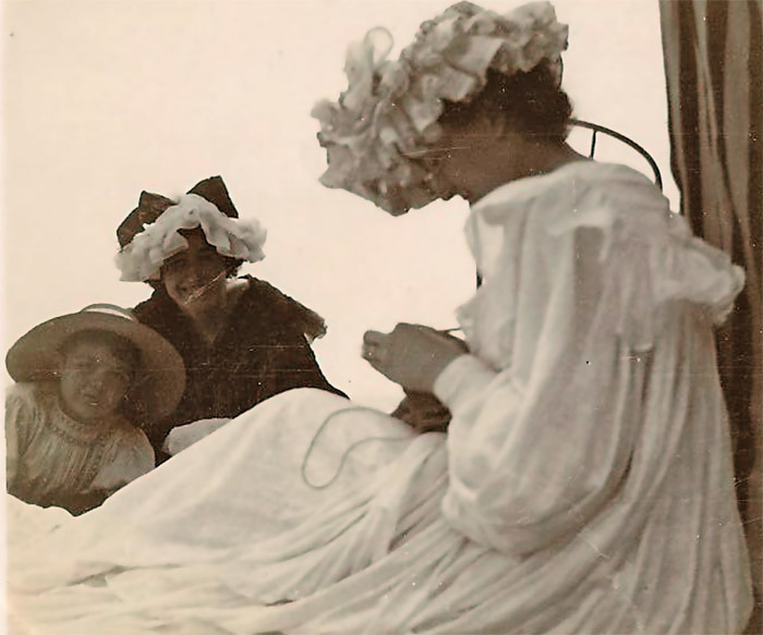 Édouard Vuillard, Lucy Hessel, Marcelle Reiss, and Pierre Aron at Vasouy, 1904, gelatin silver print, 3 1/2 x 3 1/2".