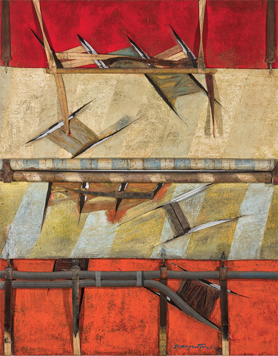 Salvatore Scarpitta, Sun Dial for Racing, 1962, resin, canvas, aluminum paper, and flex tubing, 89 1/4 x 72 1/2 x 5 1/2".
