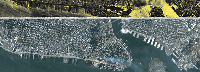 Laura Kurgan, New York, September 11, 2001, Four Days Later, 2001, digital print from Ikonos satellite data.