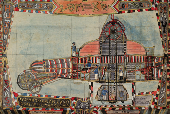 Charles A. A. Dellschau, Plate 2333; Long Cross Cut on Wather on Land and up to the Clouds, 1911, pencil and watercolor on paper, 13 1/4 x 19".