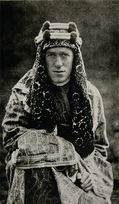 T. E. Lawrence dressed in Arab robes, ca. 1919.