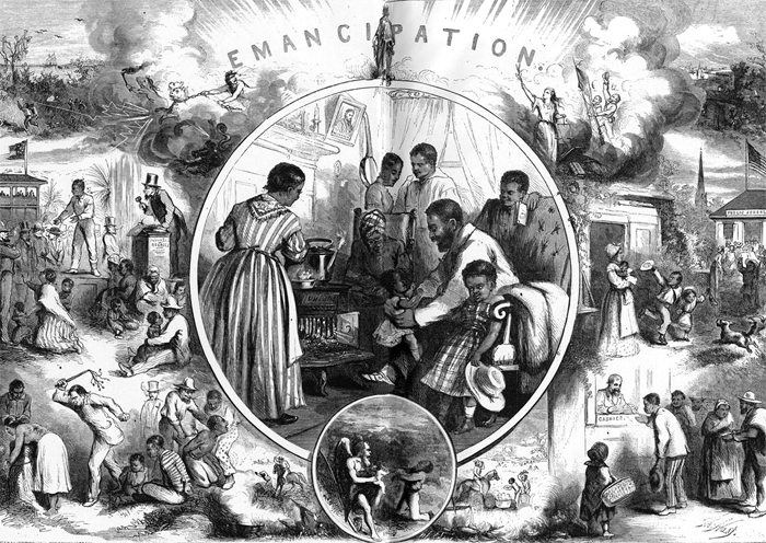 Thomas Nast’s The Emancipation of the Negroes, January 1863—the Past and the Future, an illustration from Harper’s Weekly.