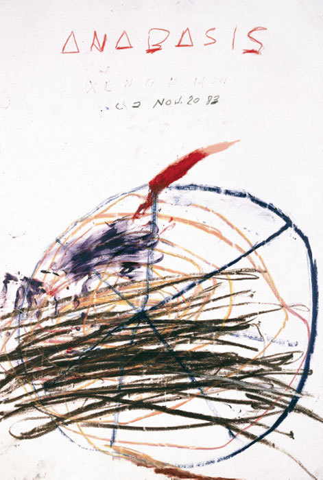 Cy Twombly, Anabasis (detail), 1983, oil stick, oil paint, and pencil on paper, 39 3/8 × 27 5/8."