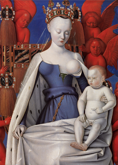 Jean Fouquet, Virgin and Child Surrounded by Angels (detail), ca. 1450, tempera on wood, 36 1/2 × 33 1/2". Right panel from the Melun Diptych.