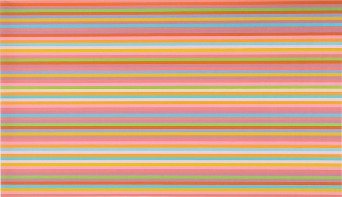 Bridget Riley, About Yellow, 2014/2013 (a 2014 painting from a 2013 drawing), oil on linen, 64 1/8 × 109 7/8".