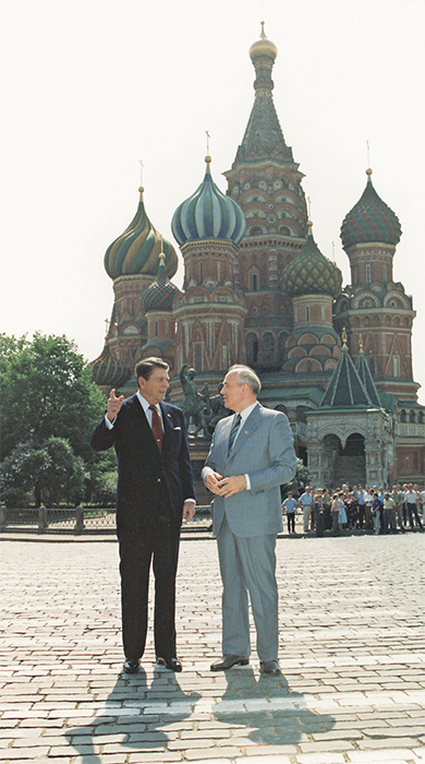 Ronald Reagan and Mikhail Gorbachev in Red Square, 1988.