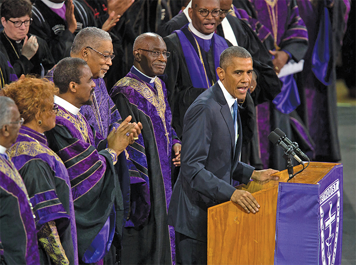 President Barack Obama singing “Amazing Grace” at the funeral of Rev. Clementa Pinckney, June 26, 2015.