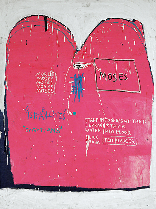 Jean-Michel Basquiat, Moses and the Egyptians, 1982, acrylic and oil stick on canvas, 73 1/4 × 54". © The Estate of Jean-Michel Basquiat/ADAGP, Paris/Ars, New York.