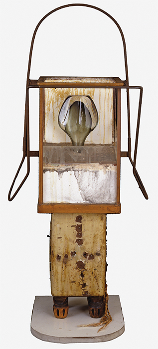Edward Kienholz, Portrait of Virginia, 1963, metal, wood, glass, bottle, polyester resin, 43 1/2 × 19 1/2 × 11 1/2". © Kienholz, courtesy L.A. Louver, Venice, CA; Collection of Virginia Dwan