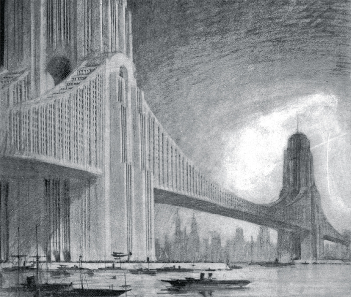 Raymond Hood’s Skyscraper Bridges, 1925, illustrated by Hugh Ferris in The Metropolis of Tomorrow (Washburn, 1929).