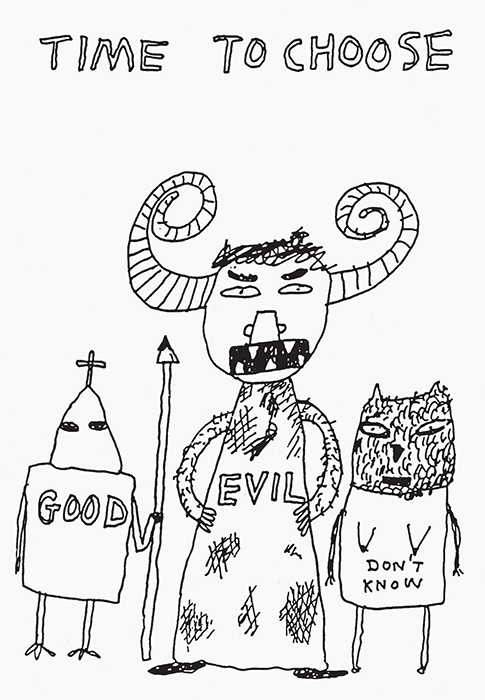 David Shrigley, Good, Evil, Don’t Know, 1995, ink on paper, 5 3/4 × 4 1/8". Courtesy the artist.