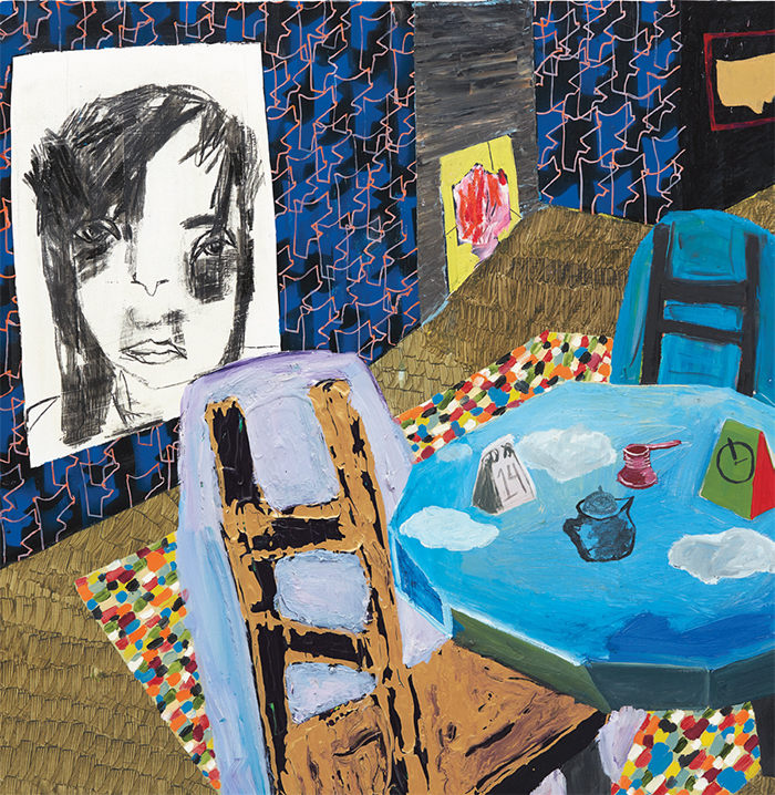 Shara Hughes, Here and There, 2007, oil, enamel, acrylic, pen, and charcoal on canvas, 32 × 32". Courtesy the artist and Phillips.