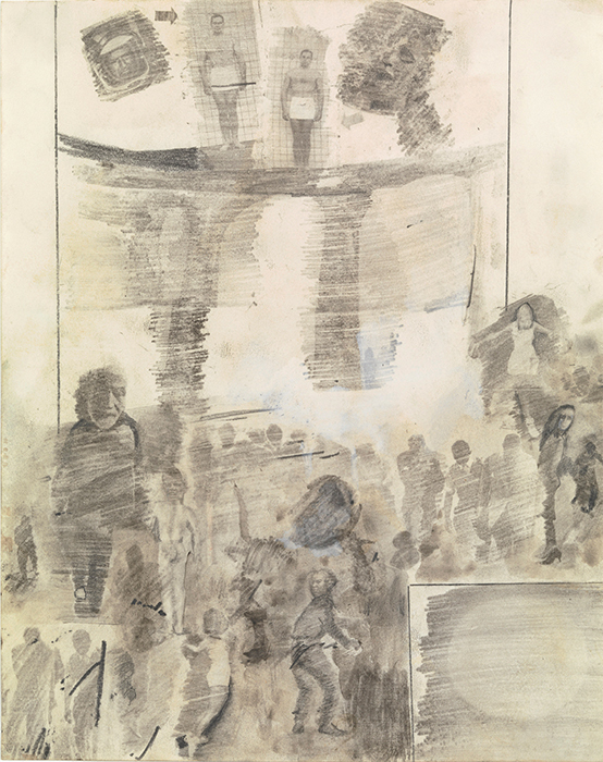 Robert Rauschenberg, Canto XX: Circle Eight, Bolgia 4, The Fortune Tellers and Diviners, 1960, transfer drawing, wash, and pencil on paper, 14 1/2 × 11 1/2".