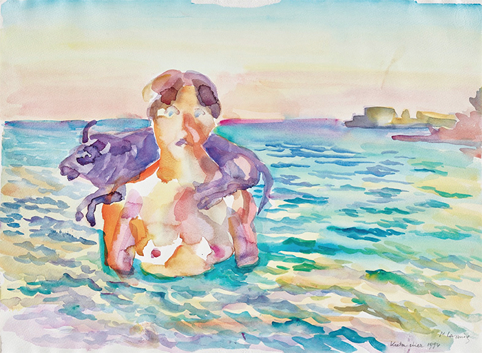 Maria Lassnig, Kretastier (Cretan Bull), 1994, watercolor on paper, 18 3/4 × 25 3/4". © Maria Lassnig Foundation.