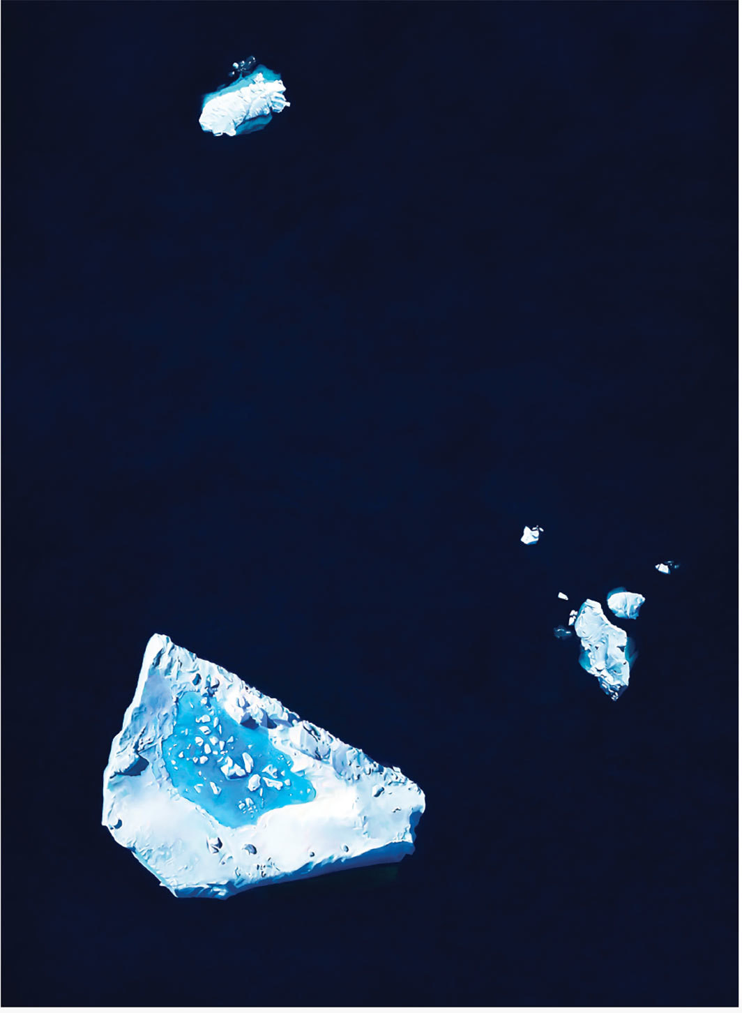 Zaria Forman, Charcot Fjord, Greenland, 66º21'7.21"N 36º59'.10.49"W, April 22, 2017, 2018, soft pastel on paper, 90 × 60".