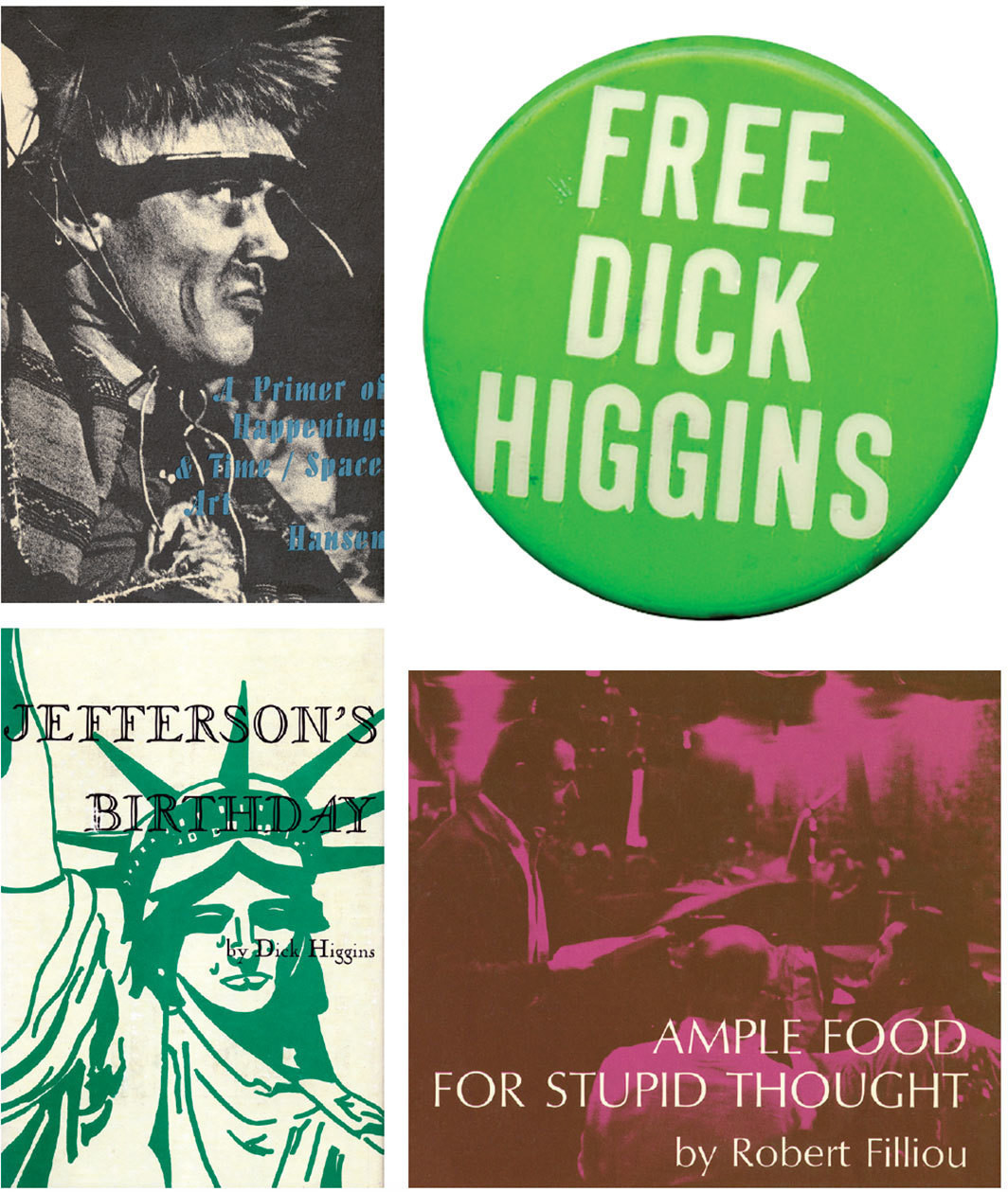 Covers of three Something Else Press publications, 1964–65, and promotional Dick Higgins button, 1969.