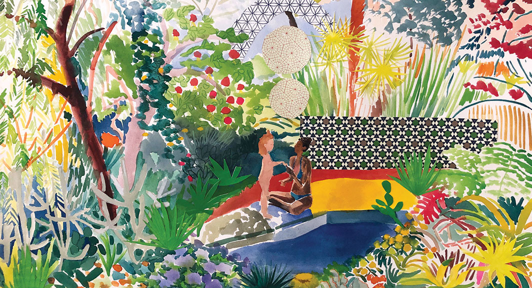 Alexandra Karamallis, How to Apply Sunscreen (detail), 2018, watercolor, gouache, and collage on paper, 22 × 30".