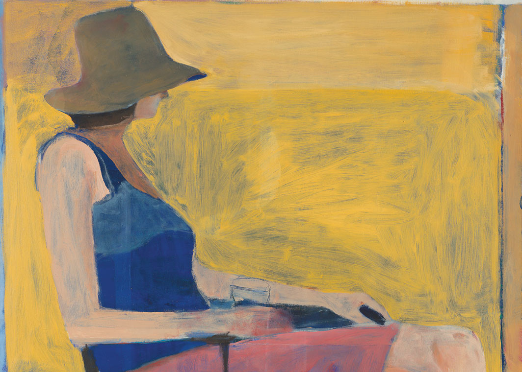 Richard Diebenkorn, Seated Figure with Hat (detail), 1967, oil on canvas, 57 3⁄4 × 61 3⁄4". © Richard Diebenkorn Foundation