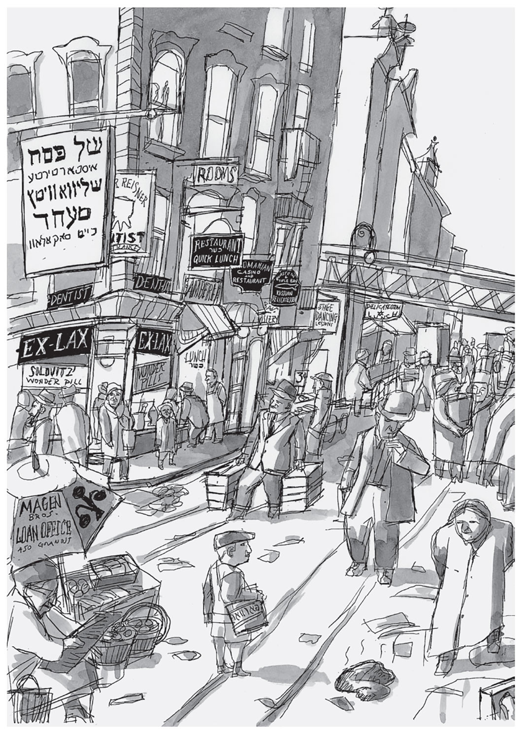 Ben Katchor’s illustration of the once-thriving Jewish restaurant culture in Lower Manhattan, 2020. © Ben Katchor