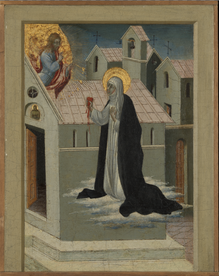 Giovanni di iPaolo, Saint Catherine of Siena Exchanging Her Heart with Christ, tempera and gold on wood, 11 3/4 × 9 1/2''. The Metropolitan Museum of Art