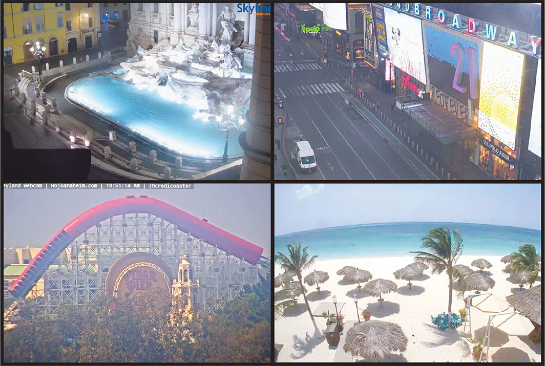 Four screen grabs from EarthCam.com live feeds, April 2020. Clockwise, from top left: Trevi Fountain, Rome; Times Square, New York; Aruba; Disneyland, Anaheim, California. EarthCam.com