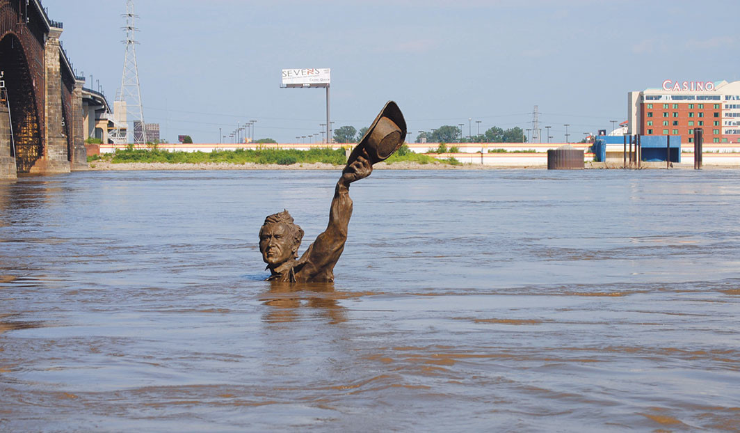 Flooded Lewis and Clark statue, St. Louis, Missouri, August 5, 2010. Ari Heinze