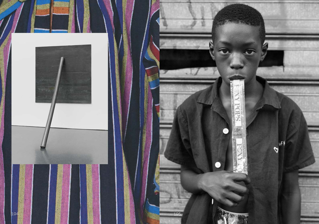 Spread from Duro Olowu: Seeing. Left, inset: Richard Serra, Prop, 1968. Right: Dawoud Bey, A Boy Eating a Foxy Pop, 1988.