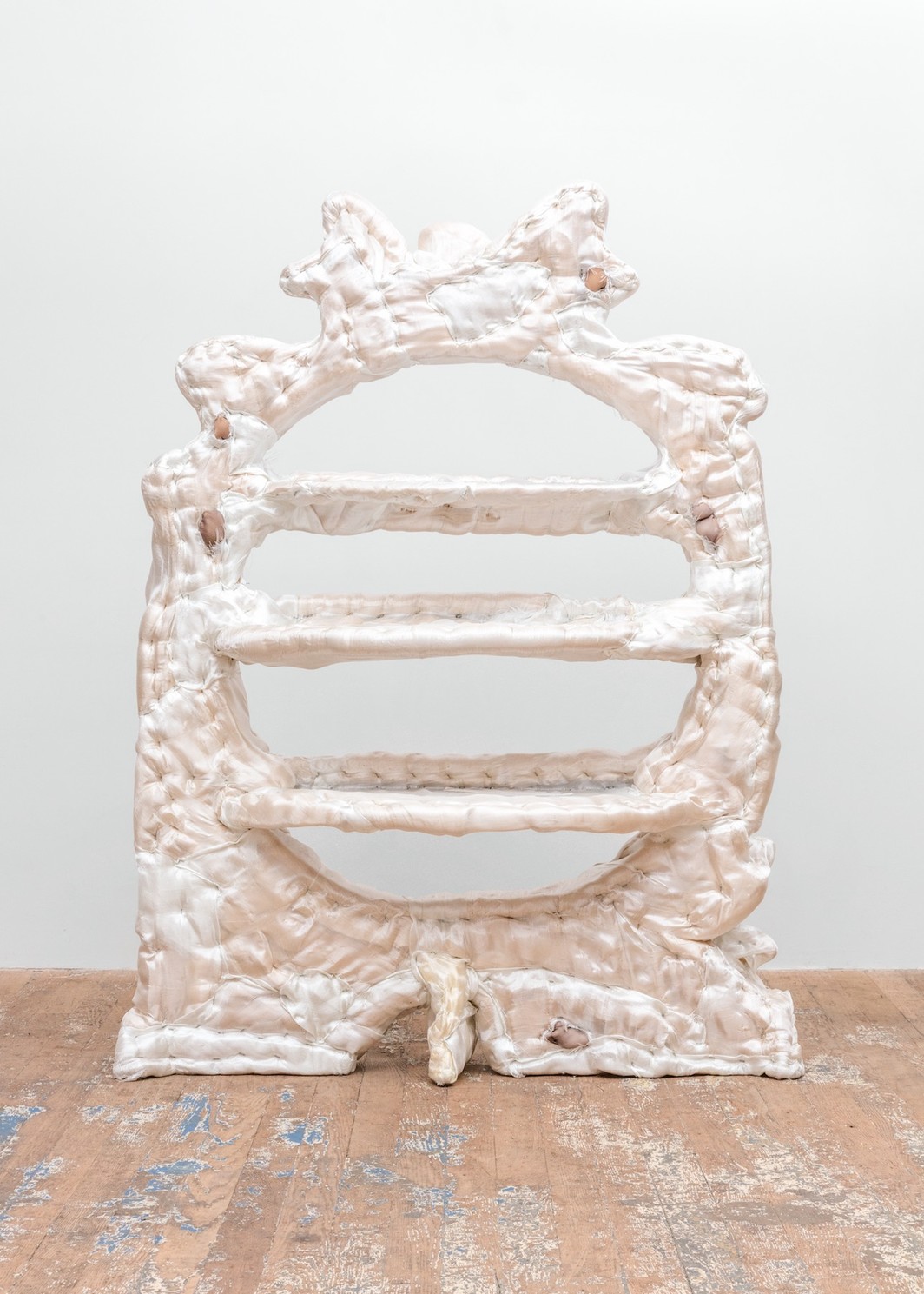 Jessi Reaves, Engine Room Shelving (Recollection Wedding Edition), 2015, pine, polyurethane foam, vinyl, linen, 70 × 50 × 21".